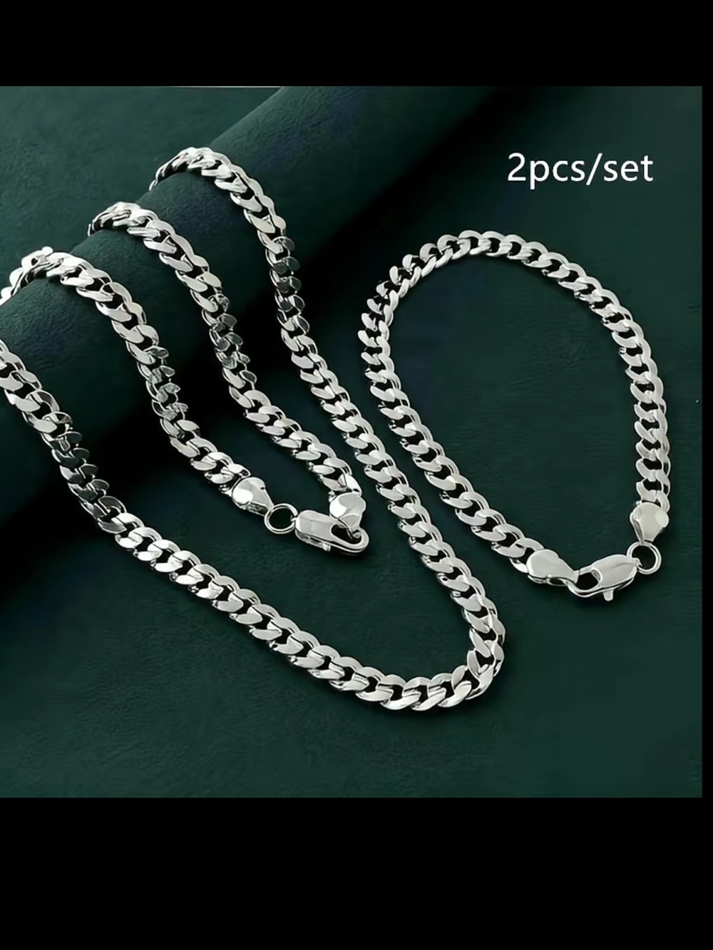 Sterling-Style Silver Cuban Link Necklace & Bracelet Set
